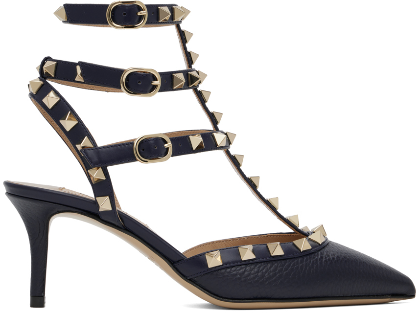 Shop Valentino Navy Rockstud Caged 65mm Heels In M30 Marine