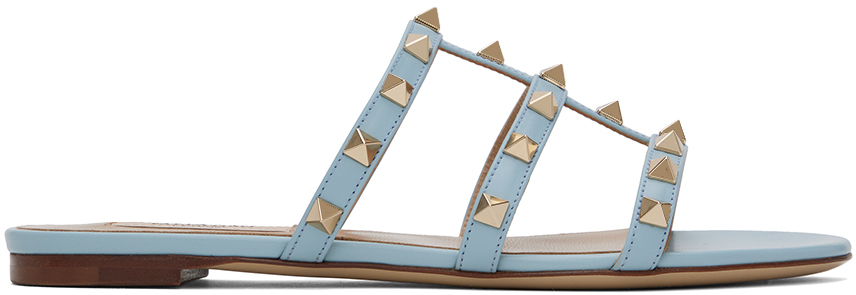 Shop Valentino Blue Rockstud Flat Sandals In Zj4 Blu Porcellana