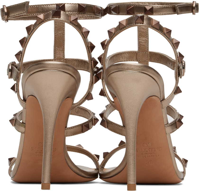 Valentino Gold Rockstud Cage Heeled Sandals In S69 Skin
