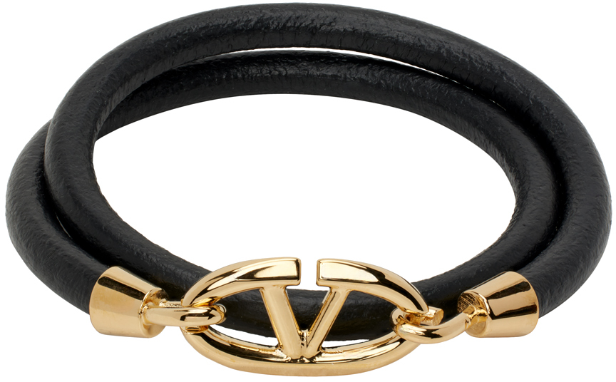 Valentino Garavani Black & Gold Double Leather Bracelet In 0no Nero