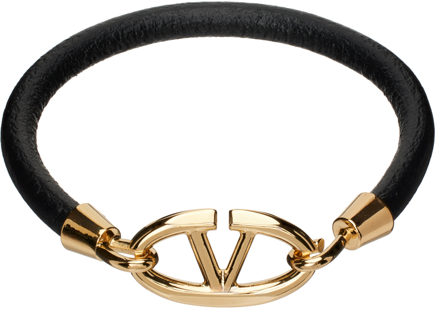 Valentino Garavani Black & Gold Leather Bracelet In 0no Nero