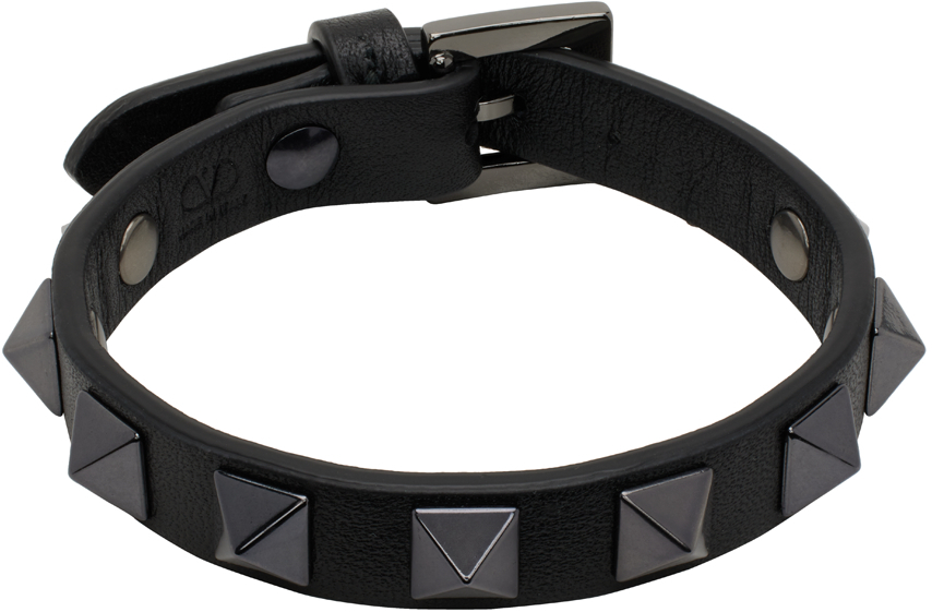 Black Rockstud Leather Bracelet