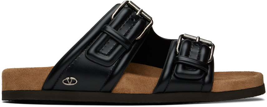 Valentino Garavani★ブラックカーフスキン Fussfriend スライド Valentino Garavani Fussfriend double-strap Leather Slides