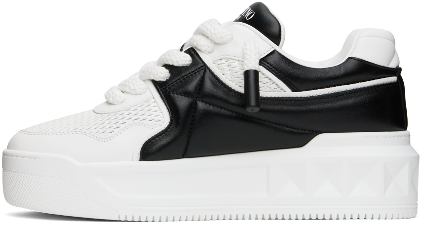 Valentino One Stud Xl Low-top Sneaker In Nappa Leather And Jacquard Toile Iconographe Technical Fabric In A01 Bianco/nero