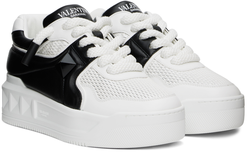 Valentino One Stud Xl Low-top Sneaker In Nappa Leather And Jacquard Toile Iconographe Technical Fabric In A01 Bianco/nero