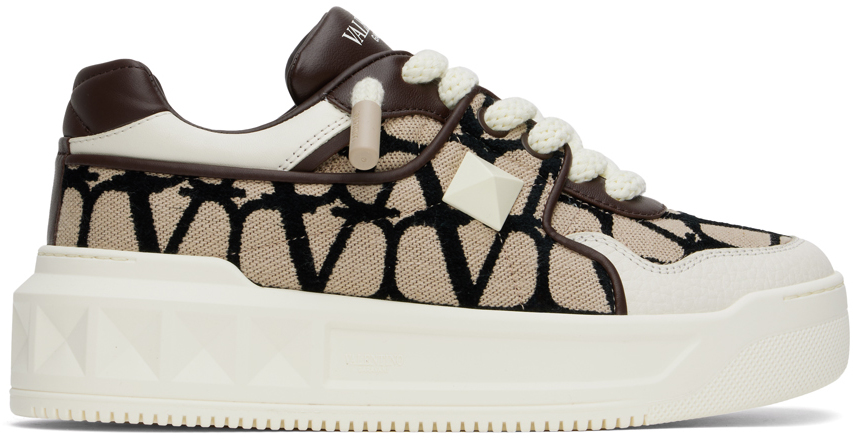 Shop Valentino Beige & Brown One Stud Xl Low-top Sneakers In Kfn Natu-nero/fondnt