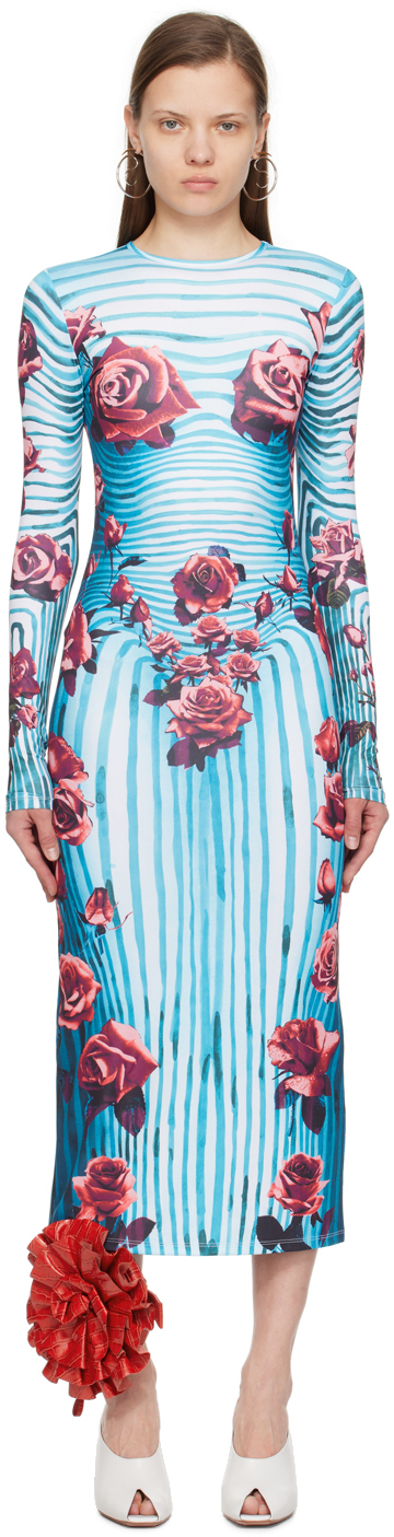 Shop Jean Paul Gaultier Blue & Red Flower Body Morphing Maxi Dress In 503001 Blue/red/whit