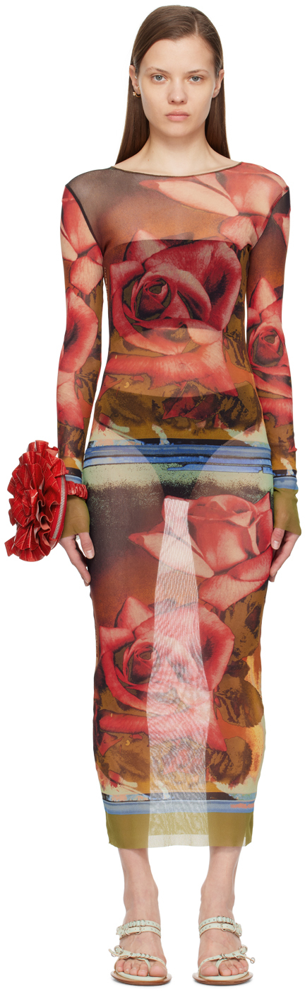Shop Jean Paul Gaultier Red & Green Roses Maxi Dress In 403050 Green/red/blu