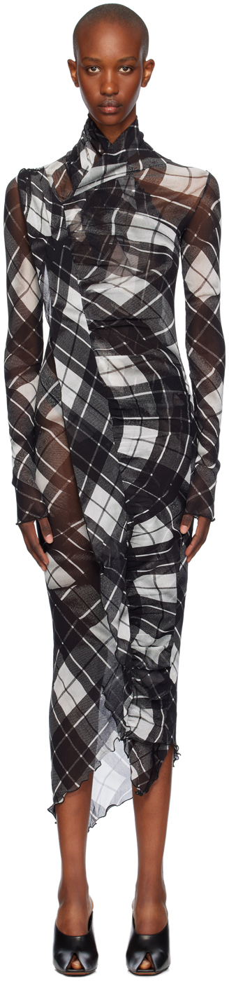 Black & White Distorted Tartan Midi Dress