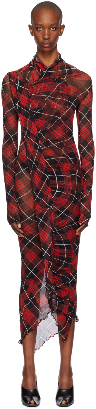 Shop Jean Paul Gaultier Red & Black Distorted Tartan Midi Dress In 300001-red/black/whi