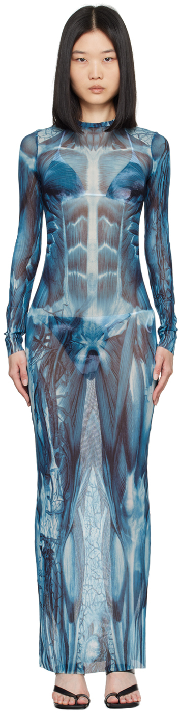 Shop Jean Paul Gaultier Blue 'the Écorché' Maxi Dress In 505601 Blue/lightblu