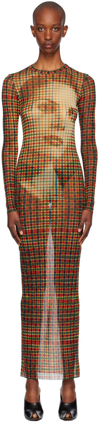 Shop Jean Paul Gaultier Multicolor Tartan Face Maxi Dress In 95105030-sepia/yello