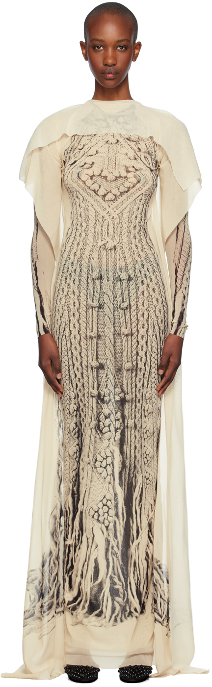 Beige & Black Printed Aran Maxi Dress