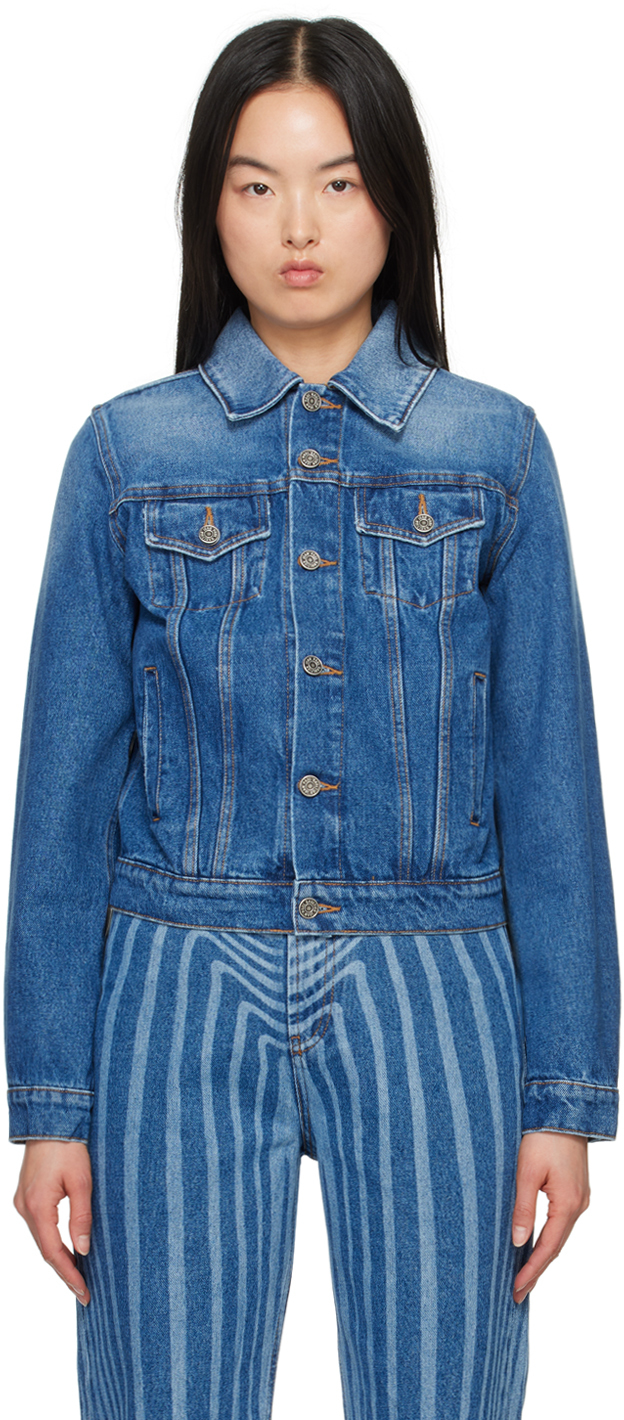 Shop Jean Paul Gaultier Blue Printed Denim Jacket In 5701 Vintageblue/whi