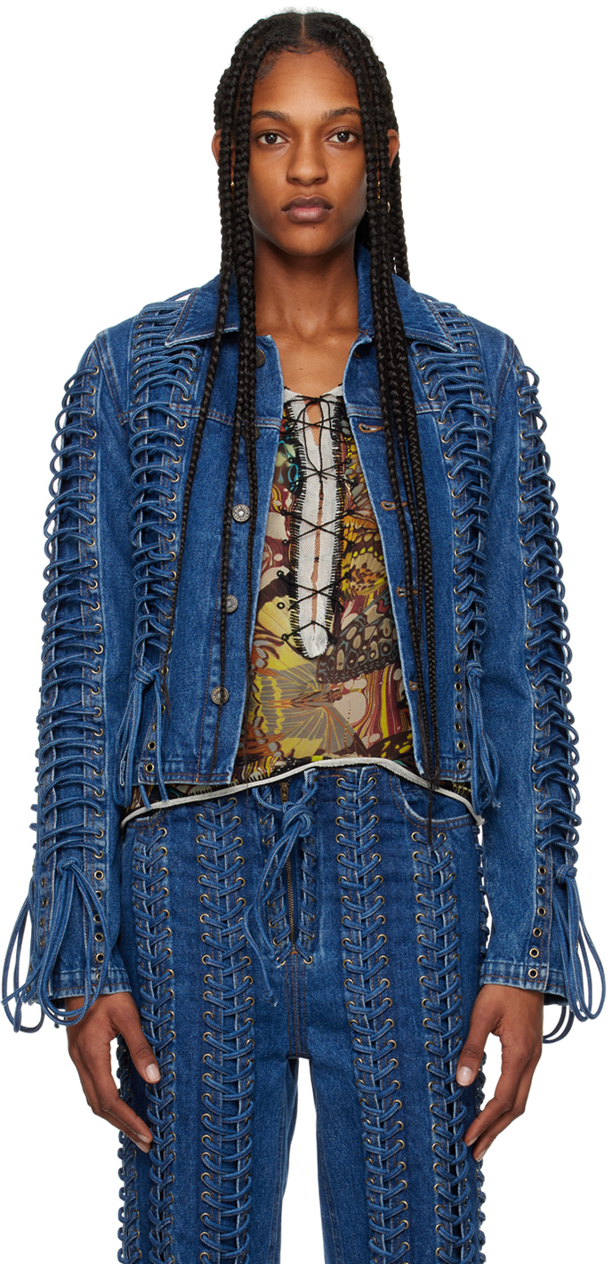 Shop Jean Paul Gaultier Blue 'the Lace-up' Denim Jacket In 57 Vintageblue