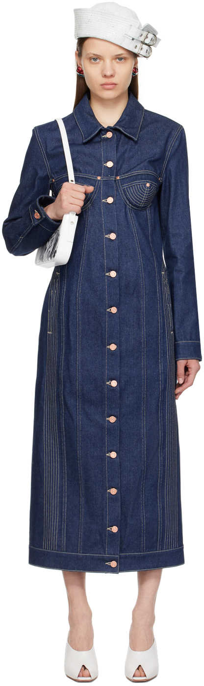 Jean Paul Gaultier Indigo Long Denim Jacket In 5572 Indigo/tabac