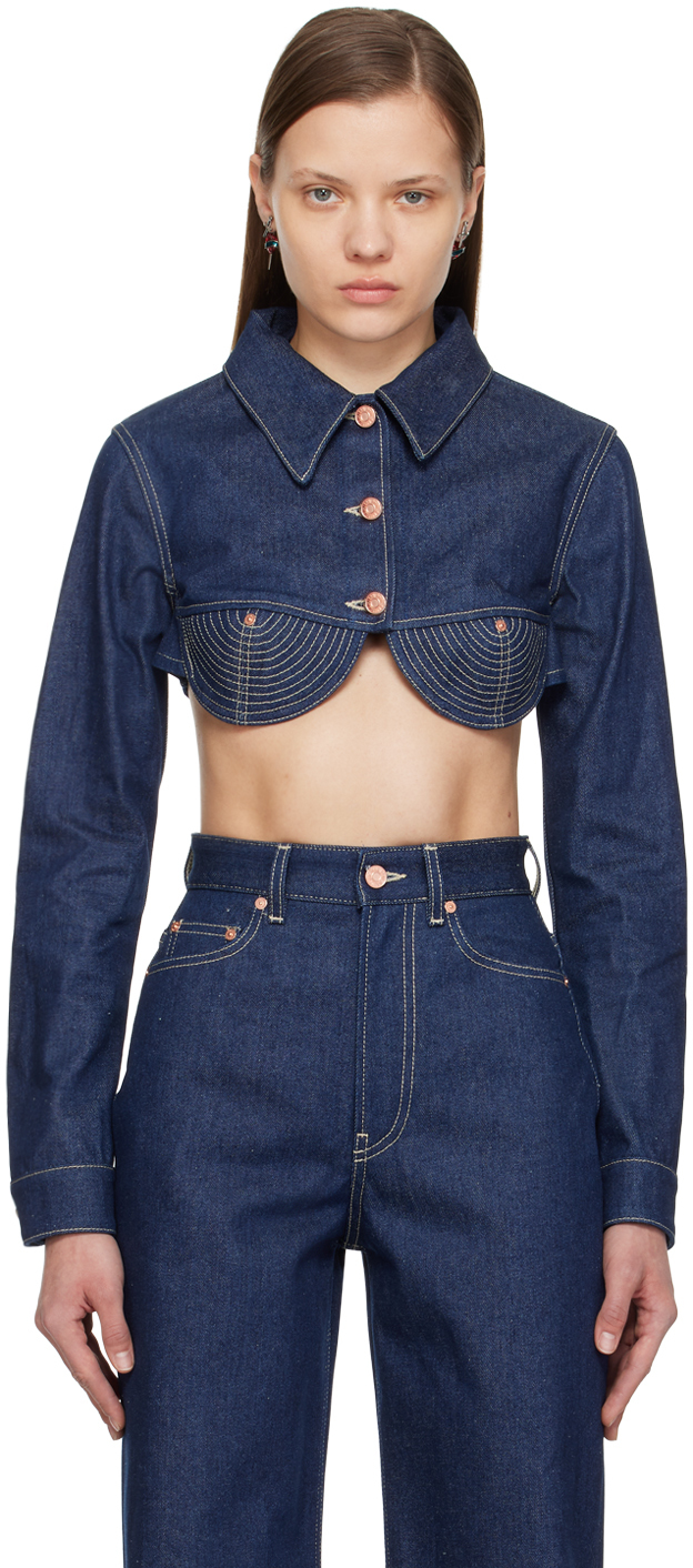 Jean Paul Gaultier Cropped Embroidered Denim Jacket In Indigo & Tabac