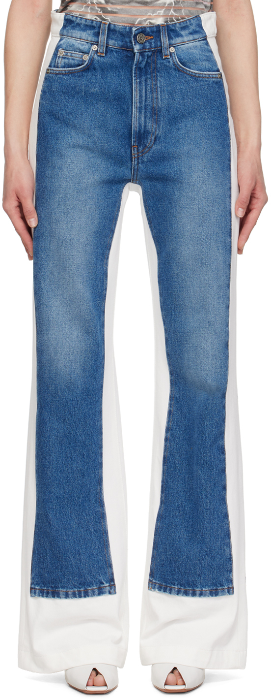 Blue & White Paneled Jeans by Jean Paul Gaultier on Sale