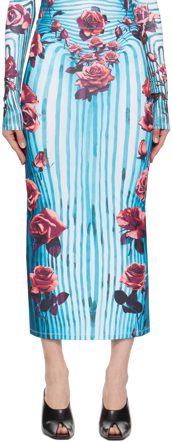 Shop Jean Paul Gaultier Blue & Red Flower Body Morphing Maxi Skirt In 503001 Blue/red/whit