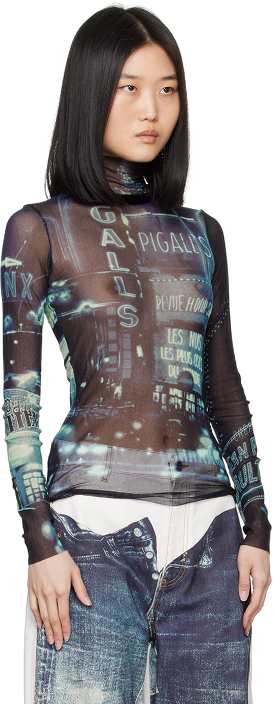 Jean Paul Gaultier Tulle Turtleneck Top In 59560100 Navy/lightb