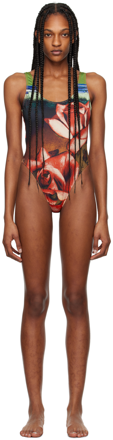 Shop Jean Paul Gaultier Red 'the Roses' Swimsuit In 403050 Green/red/blu