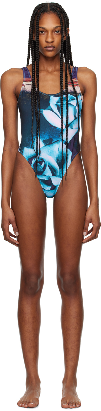 Shop Jean Paul Gaultier Blue 'the Roses' Swimsuit In 275020 Purple/blue/p