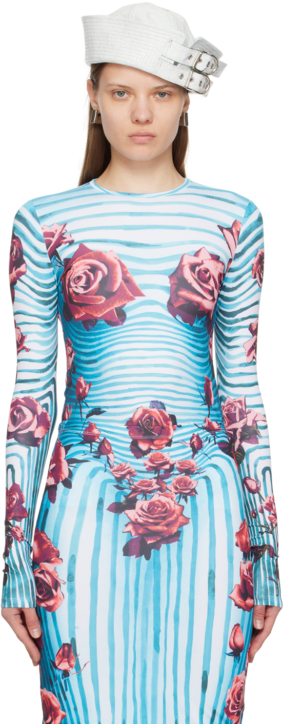 Jean Paul Gaultier Blue & Red Flower Body Morphing Long Sleeve T-shirt In Blue  Red  & White