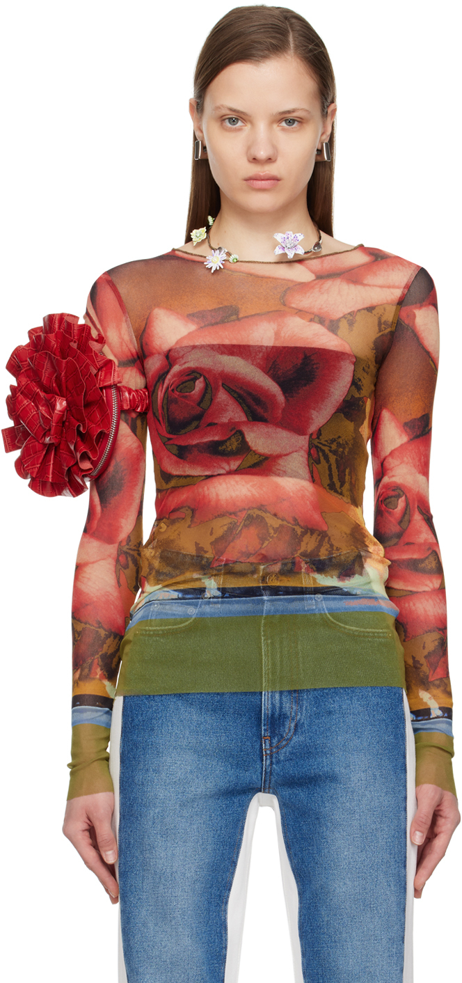 Shop Jean Paul Gaultier Red & Green Roses Long Sleeve T-shirt In 403050 Green/red/blu