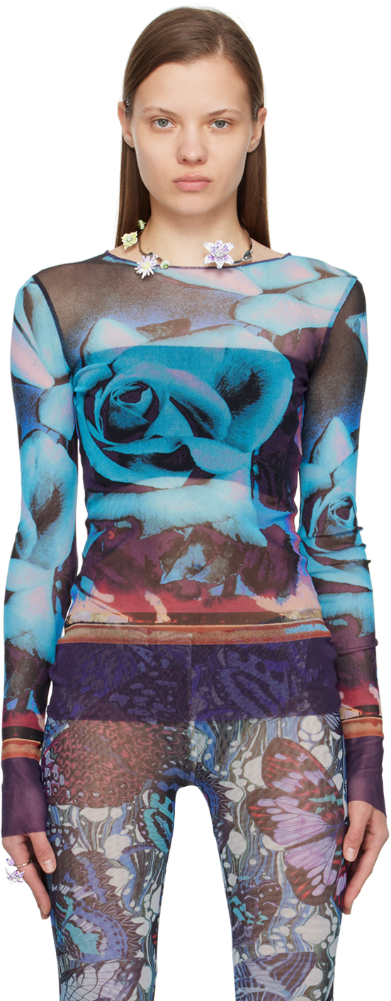 Jean Paul Gaultier Purple & Blue Roses Long Sleeve T-shirt In 275020 Purple/blue/p