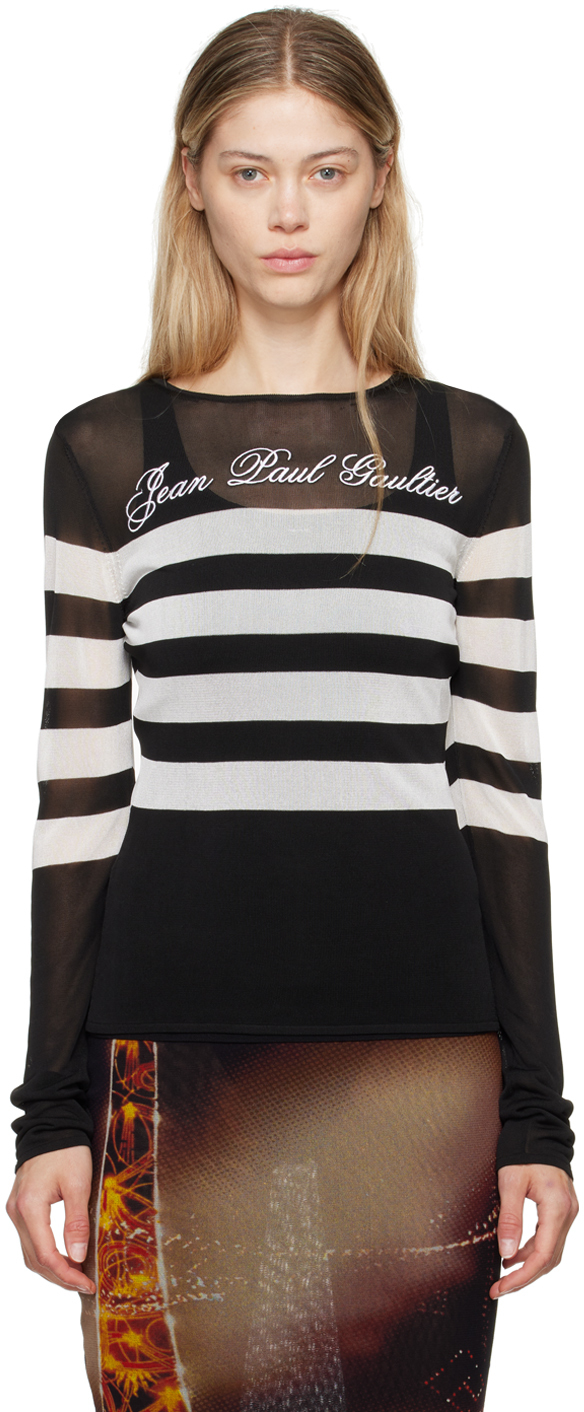 Shop Jean Paul Gaultier Black & White 'the Knit Signature Marinière' Long Sleeve T-shirt In 0001-black/white