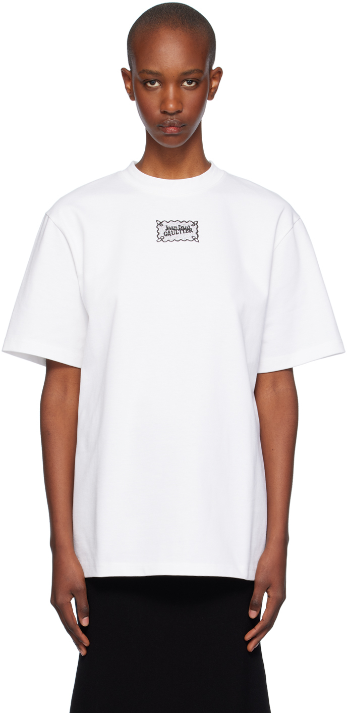 Shop Jean Paul Gaultier White Oversized Lace Label T-shirt In 0100-white/black