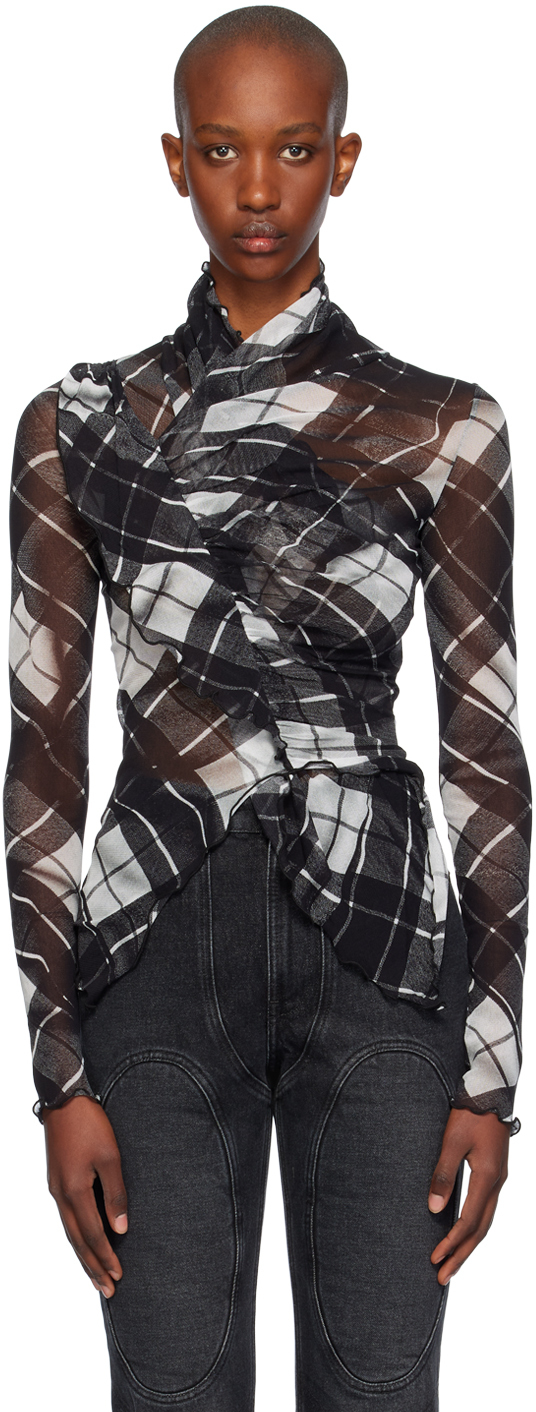 Shop Jean Paul Gaultier Black & White Distorted Tartan Long Sleeve T-shirt In 000201-black/grey/wh