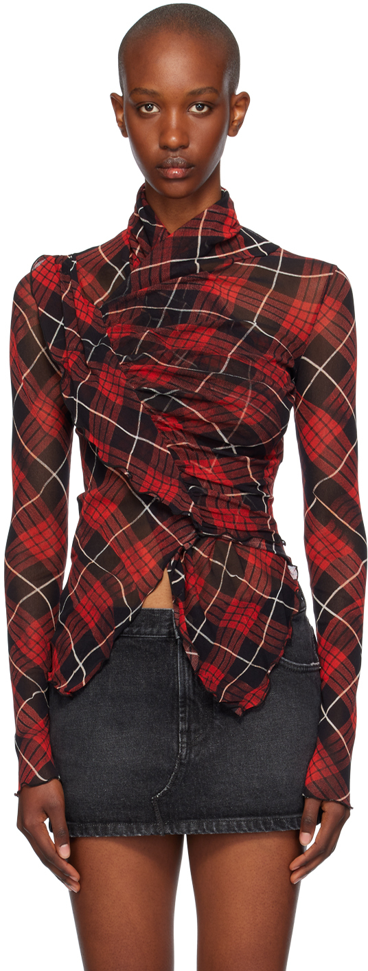 Shop Jean Paul Gaultier Red & Black Distorted Tartan Long Sleeve T-shirt In 300001-red/black/whi