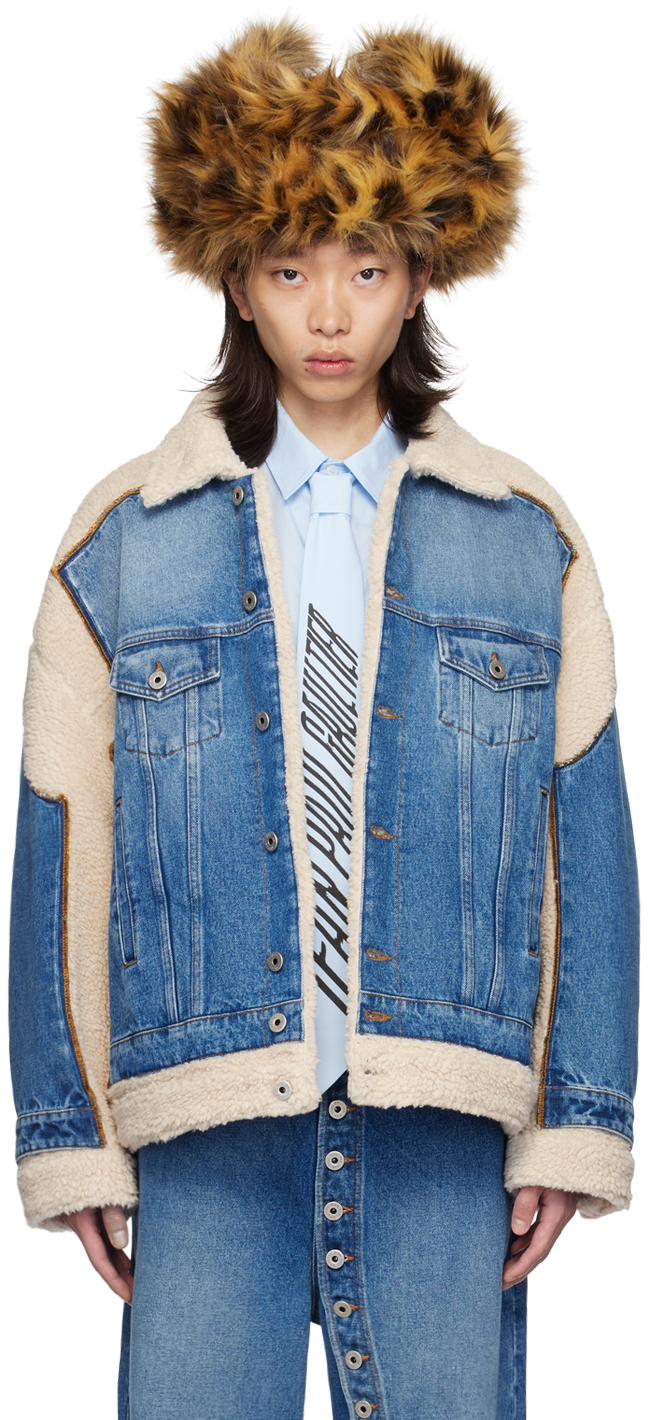 Shop Jean Paul Gaultier Blue & Beige Petit Grand Denim Jacket In 5768-vintageblue/bei