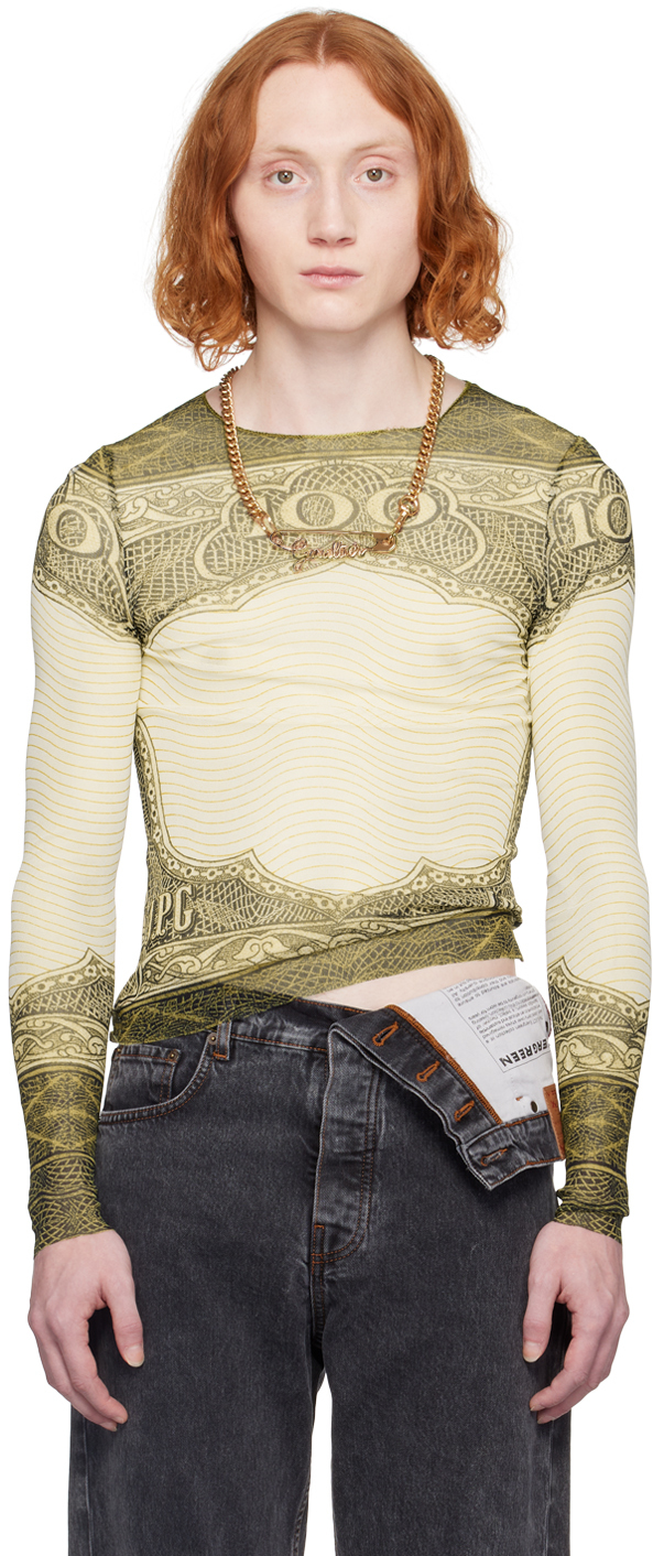 Jean Paul Gaultier Green & Off-white Sheer Long Sleeve T-shirt In 400300156-green/ecru