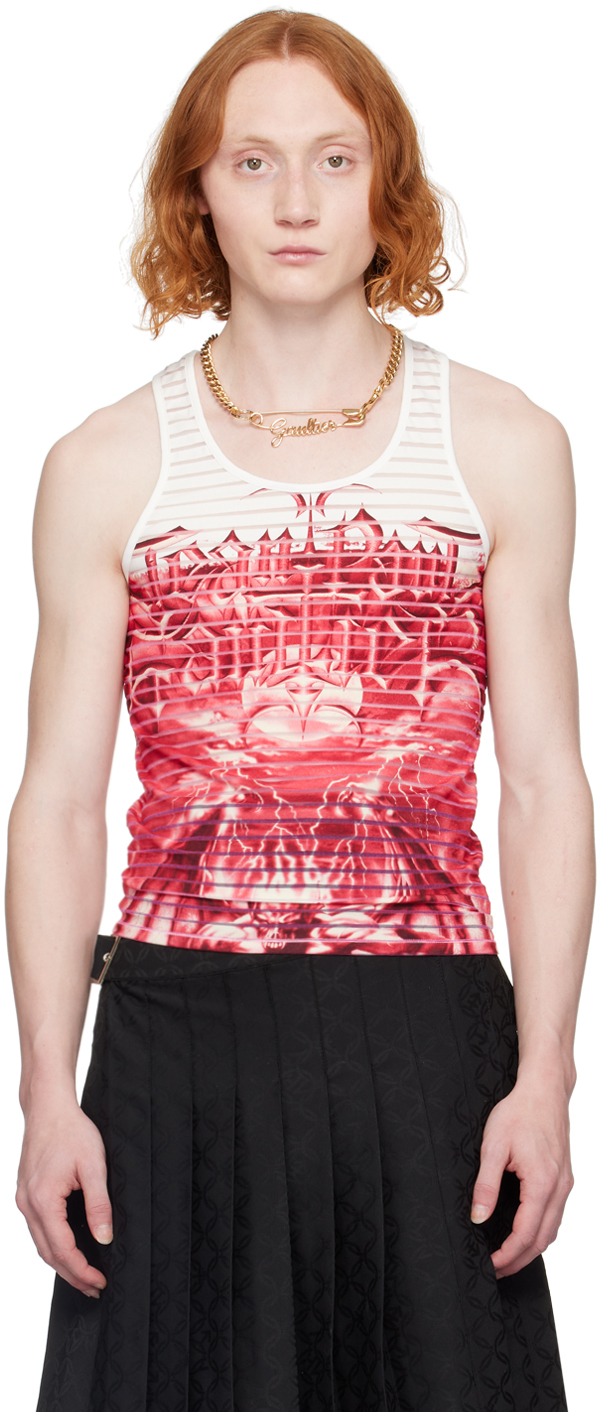 Jean Paul Gaultier White & Red Semi-sheer Tank Top In 0130-white/red