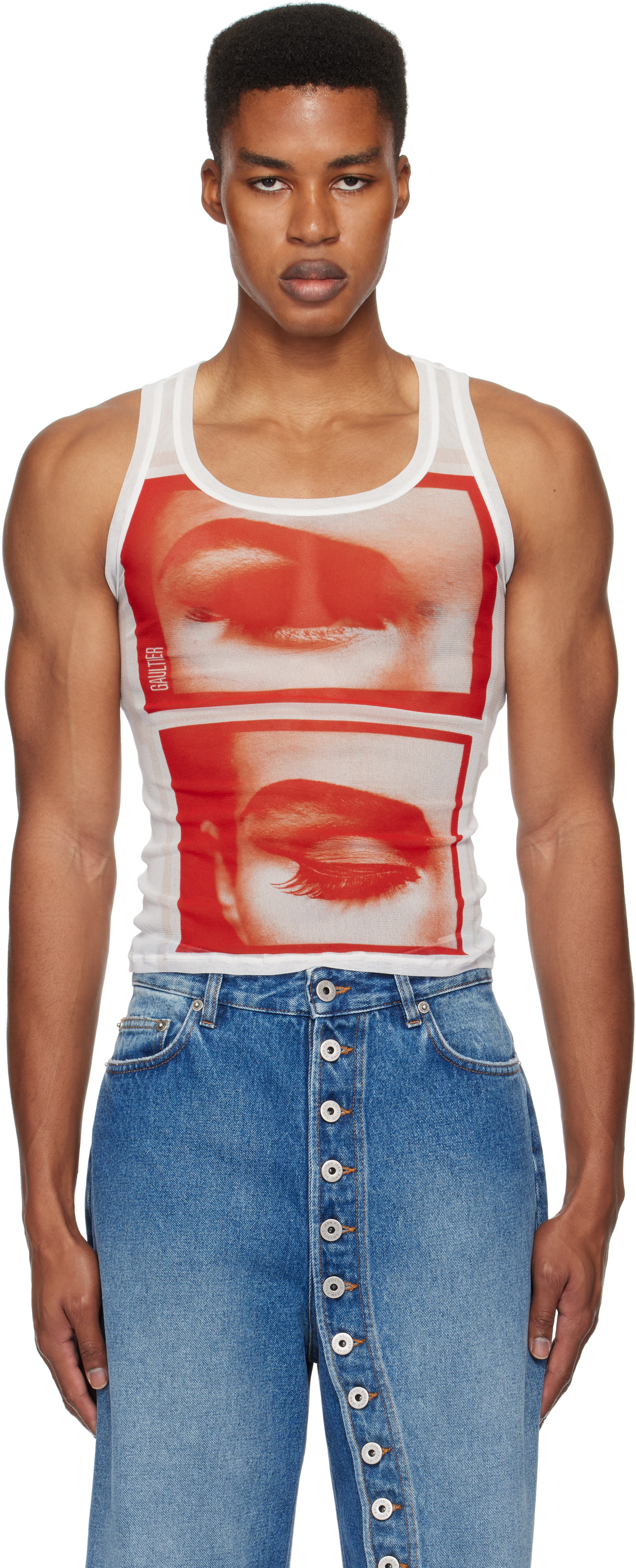 Shop Jean Paul Gaultier White & Red Printed Eyes & Lips Mesh Tank Top In 013014-white/red/lig