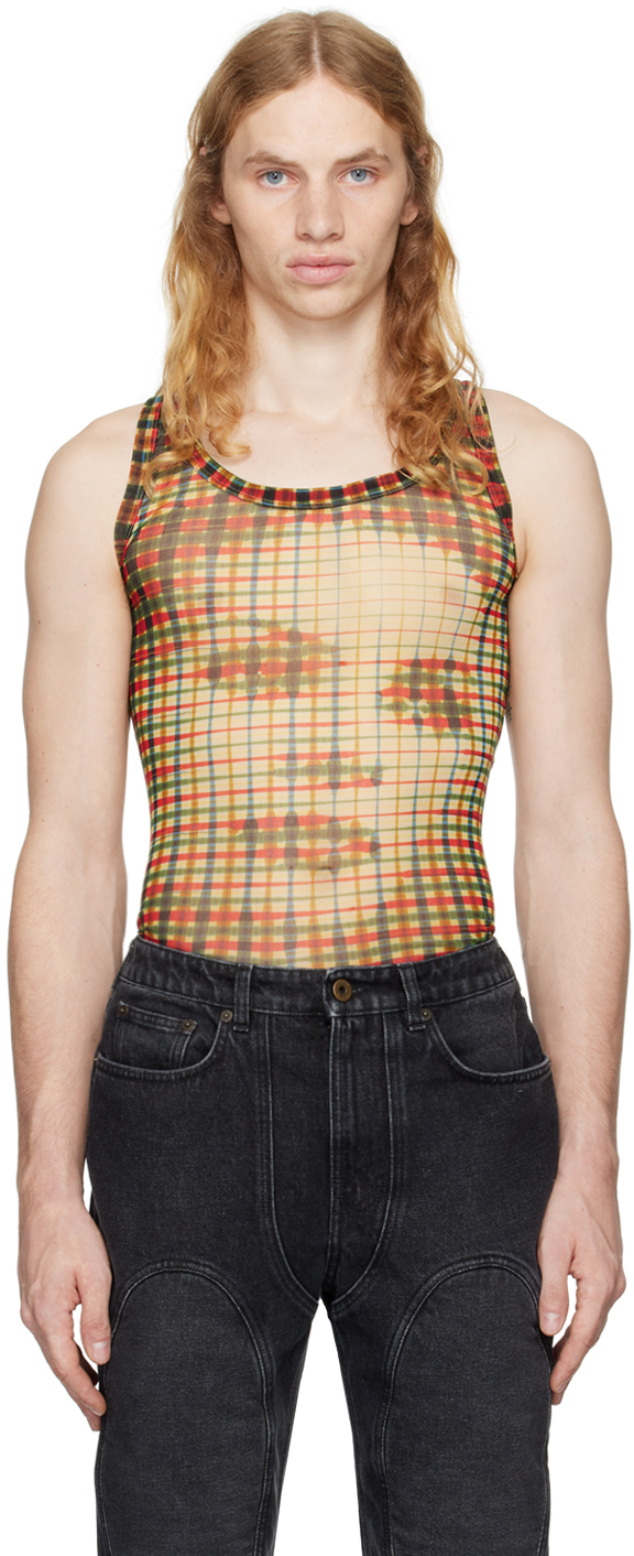 Shop Jean Paul Gaultier Yellow & Red 'the Tartan Face' Tank Top In 95105030-sepia/yello