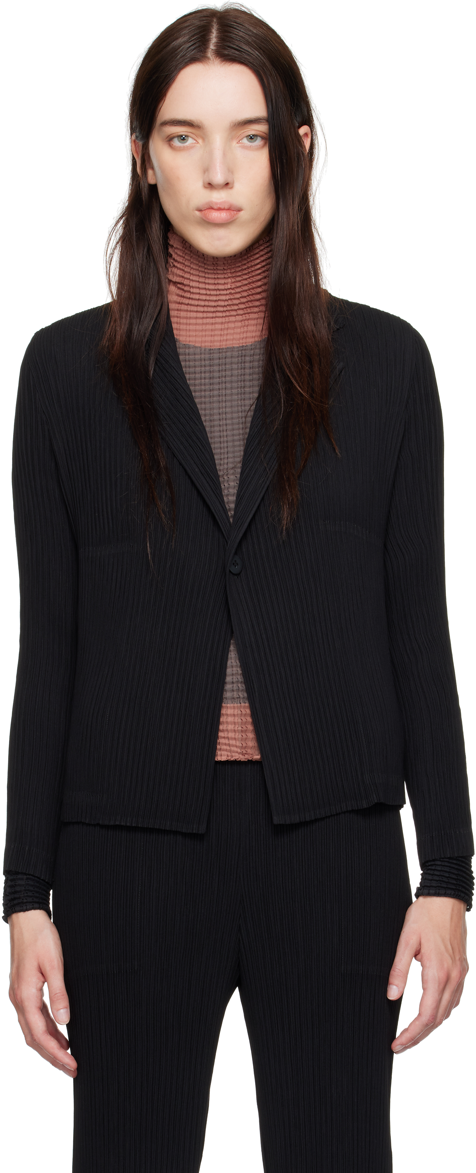 Black Hatching Pleats Blazer