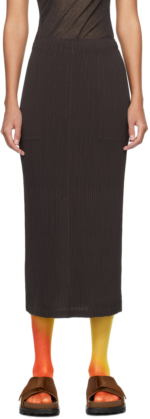 Shop Issey Miyake Brown Hatching Midi Skirt In 45 Dark Brown