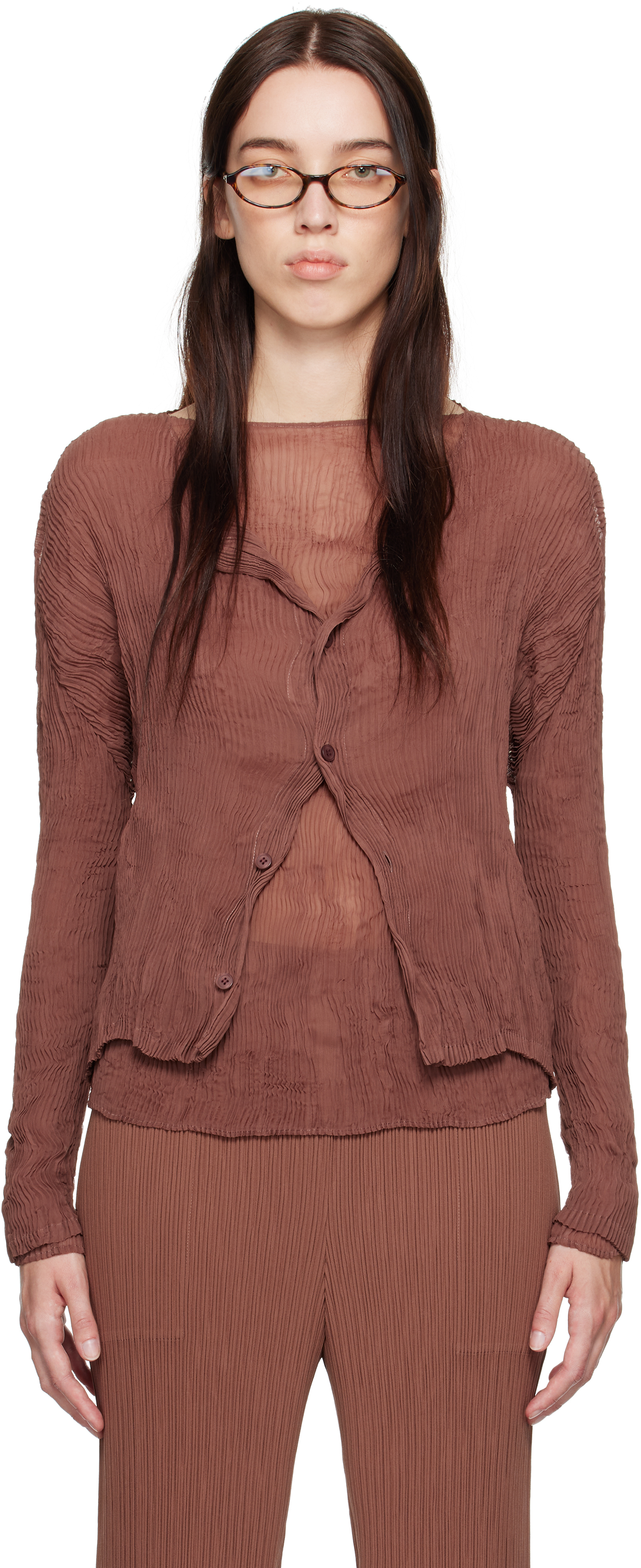 イッセイミヤケ　chiffon twist カーディガン ISSEY MIYAKE: Brown Chiffon Twist 2 Cardigan | SSENSE