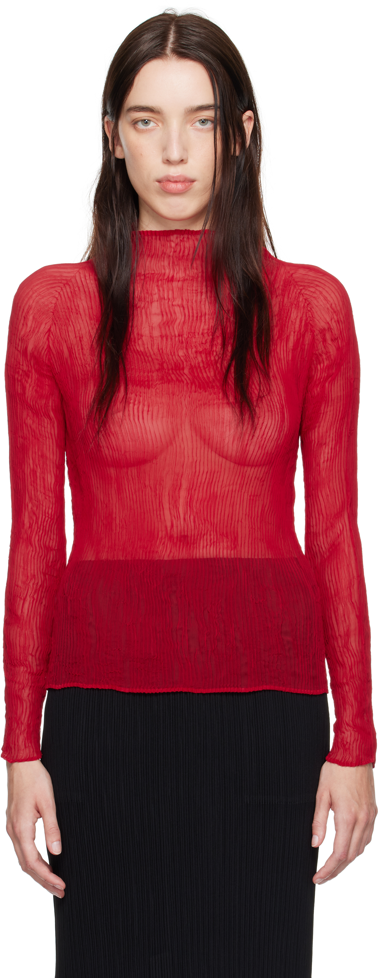 Issey Miyake Red Chiffon Twist 2 Turtleneck In 29 Nadeshiko Red