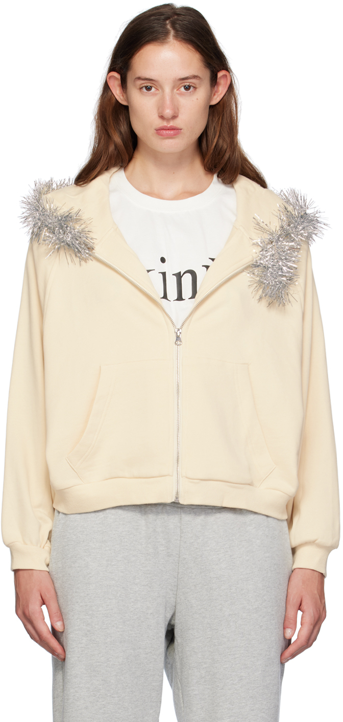 Shop Praying Beige Tinsel Fur Hoodie In White