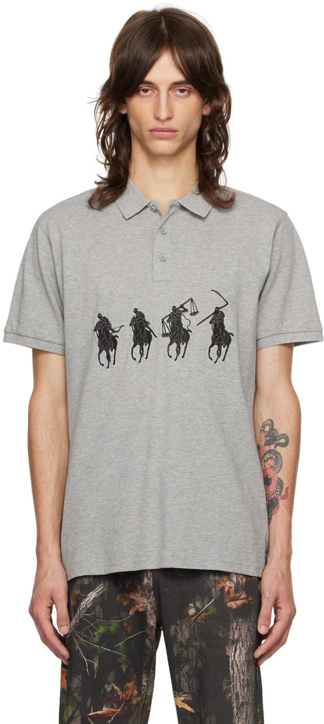 Shop Praying Gray Embroidered Horsemen Polo In Grey