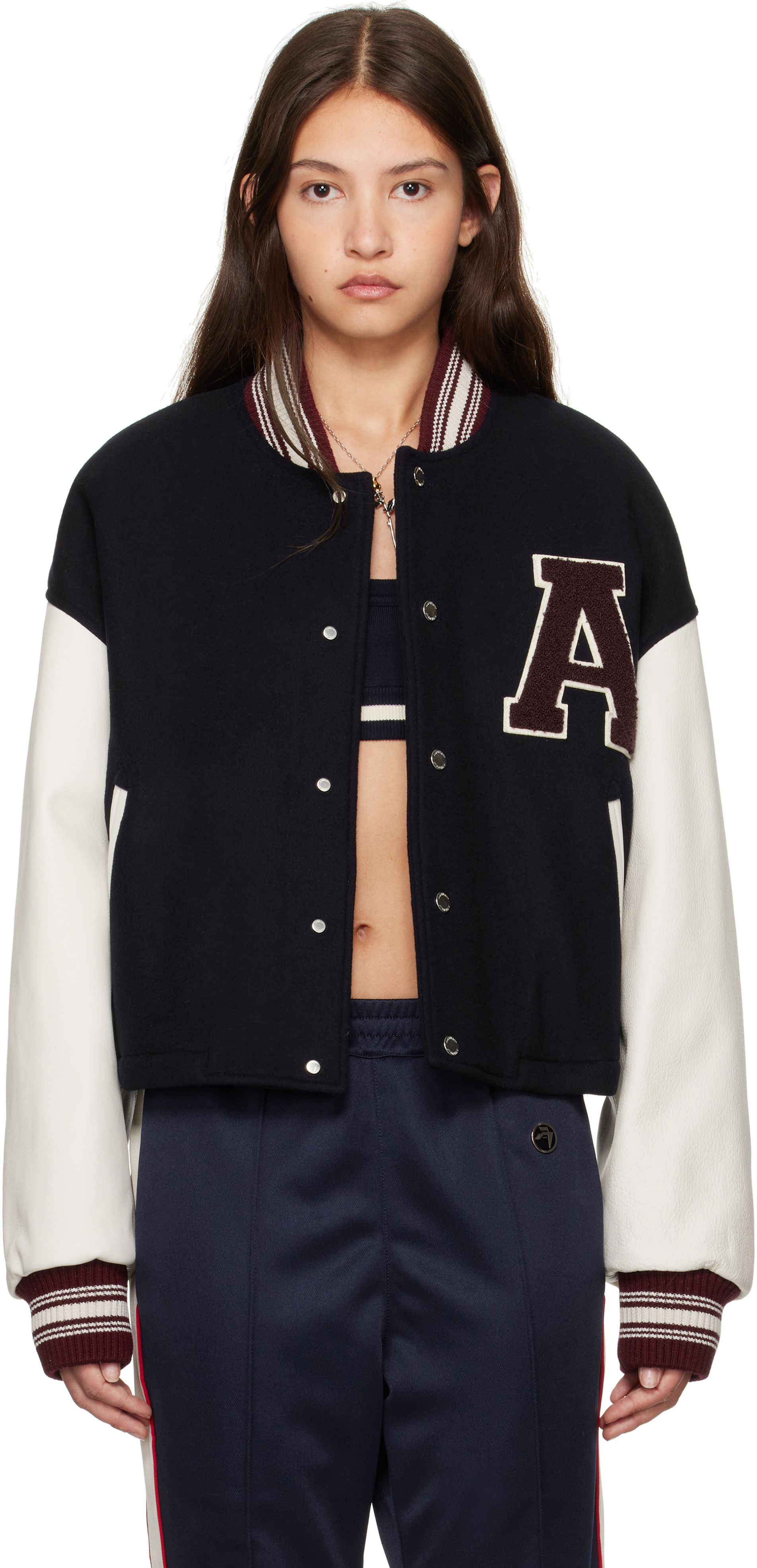 Navy Cropped Stadium Bomber Jacket