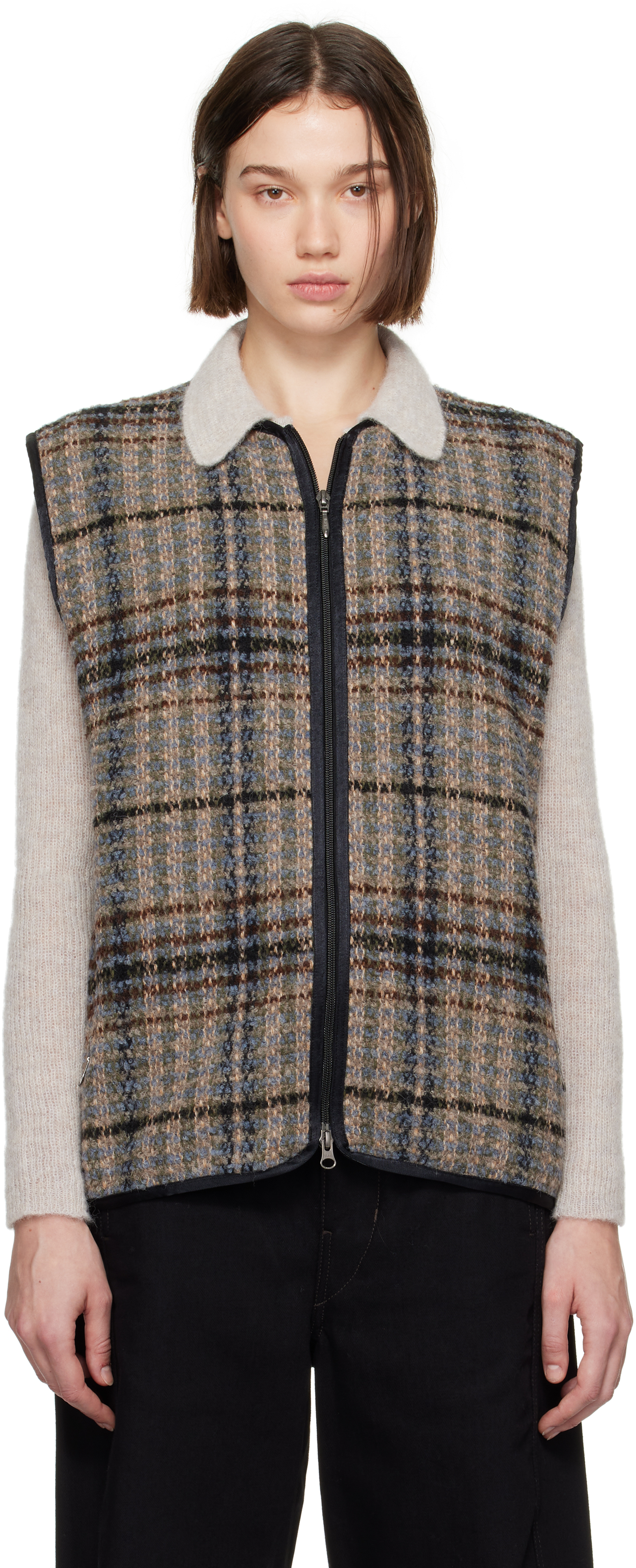 Shop Needles Gray & Brown W.u. Piping Vest In A-sax/brown/grey