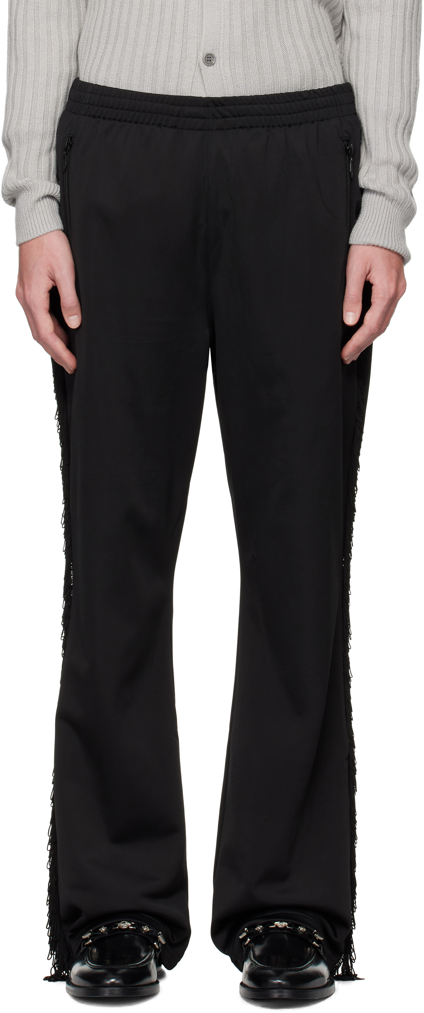 Black Fringe Boot-Cut Track Pants