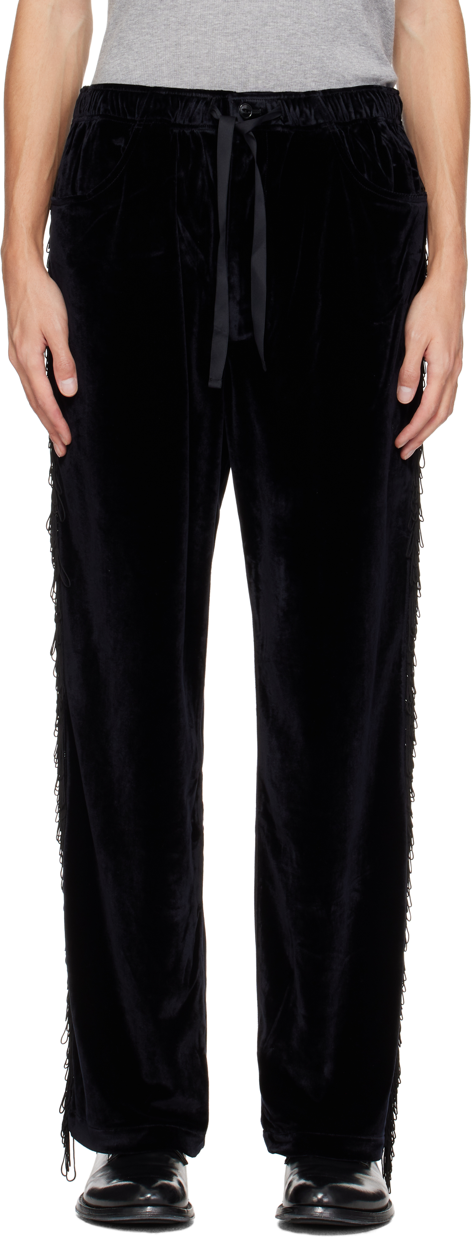 Black Fringe String Easy Track Pants