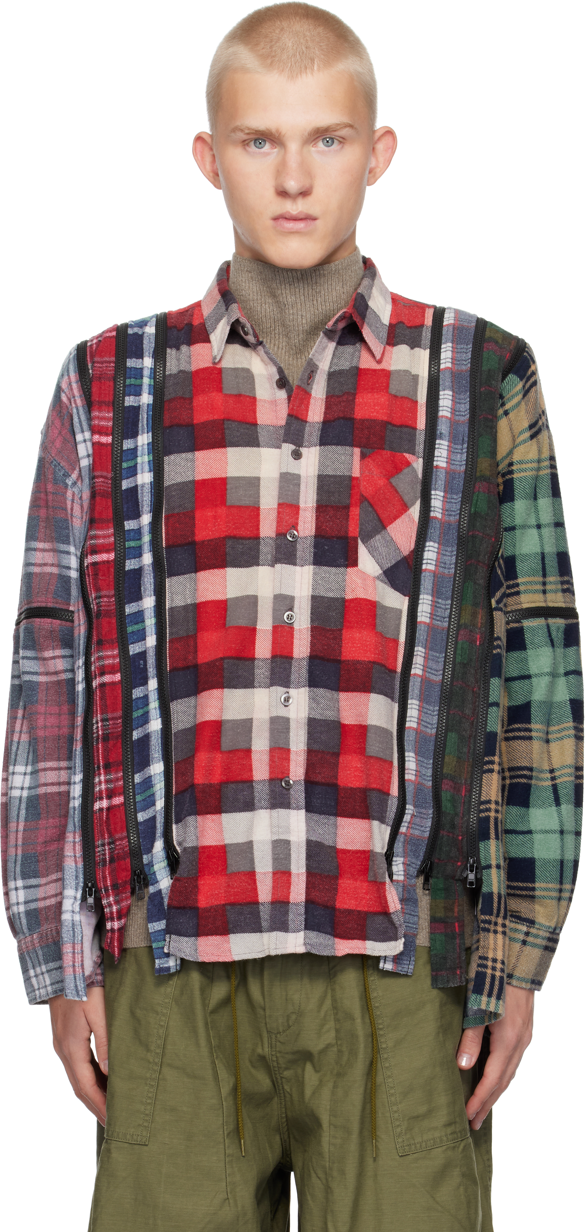 Multicolor 7 Cuts Zipped Flannel Wide Shirt