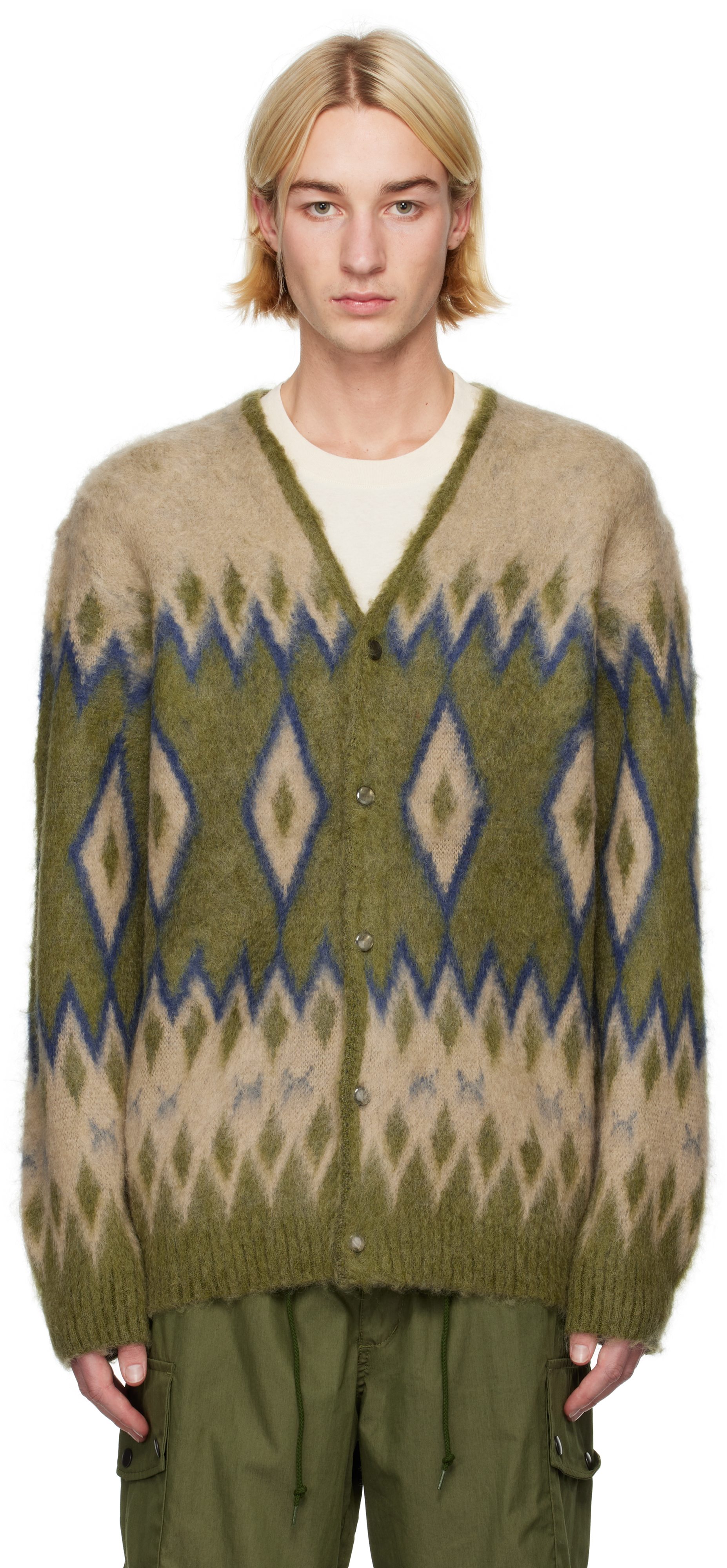 Green & Beige Mohair Diamond Cardigan